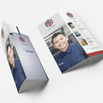 Desain brosur profesional MK Print dengan layout modern, menampilkan layanan unggulan untuk kebutuhan promosi bisnis Anda