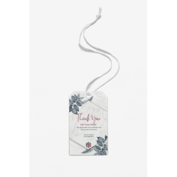 Hang tag custom bertuliskan 'Thank You' dengan desain minimalis, ornamen daun, dan logo MK Print, cocok untuk meningkatkan branding produk