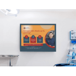 Spanduk promosi MK Print berwarna oranye dengan teks 'Kenapa rutin check-up itu penting?', gambar dokter, dan poin edukasi kesehatan.