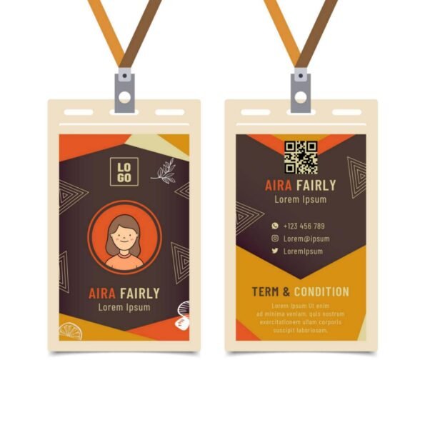 Desain ID Card etnik coklat oranye dengan QR code dan ilustrasi