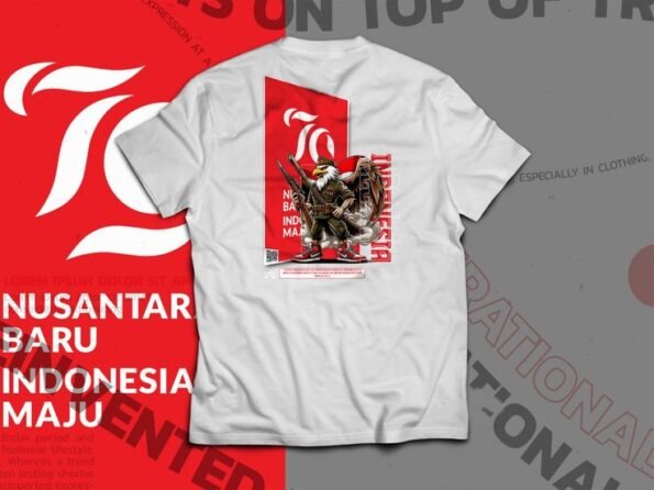 Desain kaos Hari Kemerdekaan Indonesia, motif Garuda dan tulisan 'Indonesia Maju